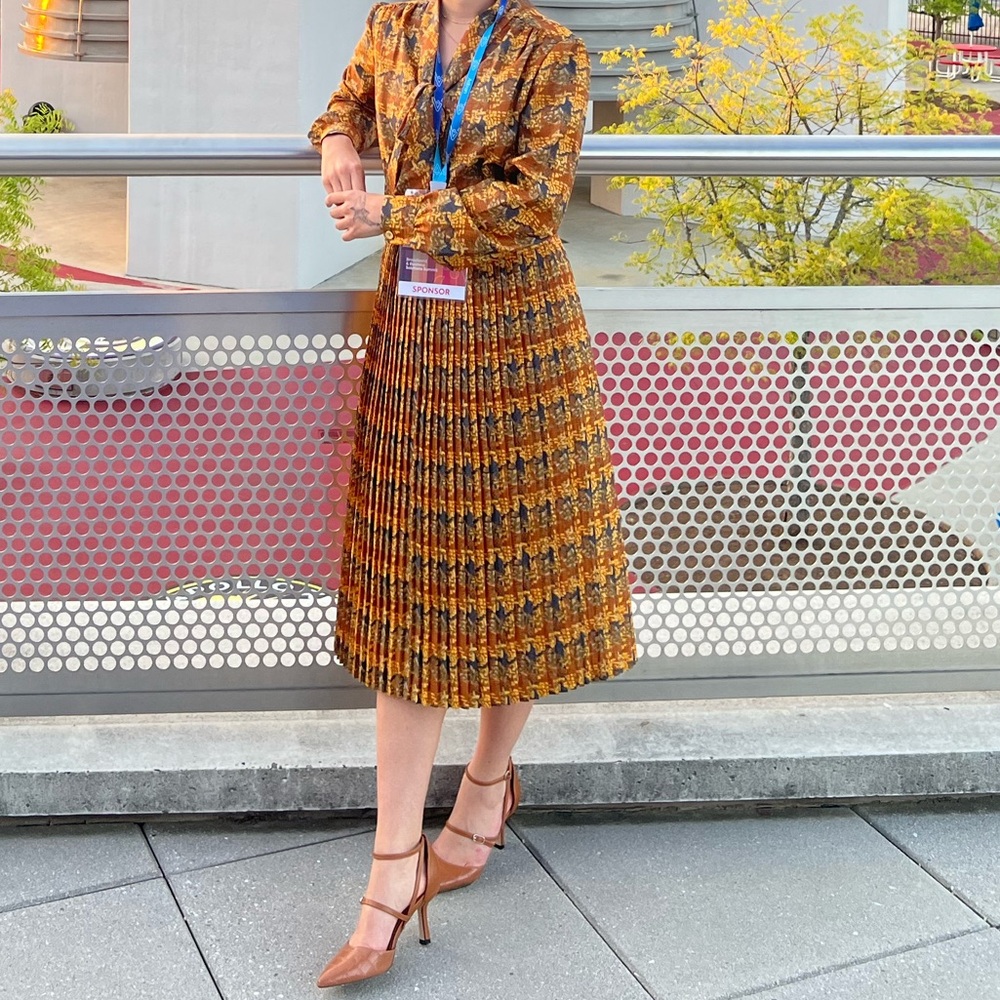 Vintage 1970s Czechoslovakian Pleated Tie-Neck Dress